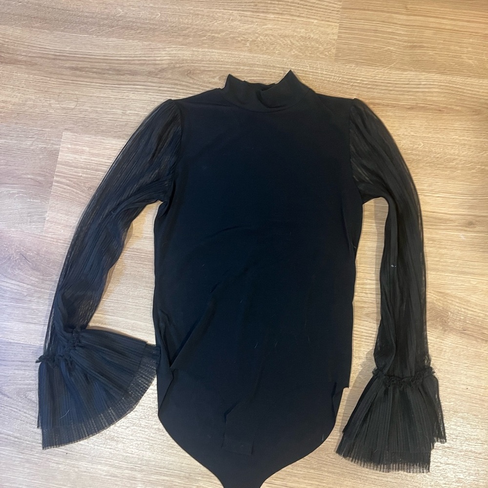 Zara Black Bodysuit with Sheer Bell Sleeves